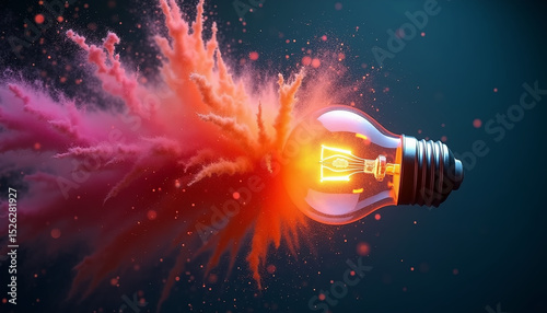 Illuminated Light Bulb with Vibrant Smoke Explosion in Darkness