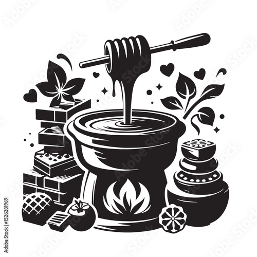 Chocolate Fondue with Honey and Sweets - Black and White Illustration