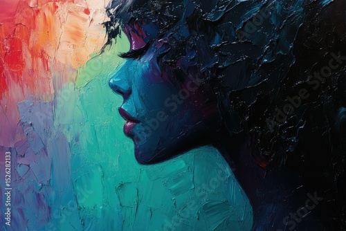Abstract impasto painting of a woman's profile, vibrant teal and dark hues.