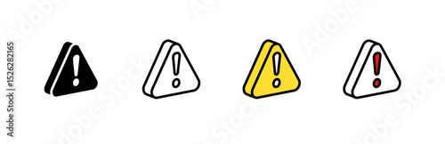 Icon set of triangular alert symbols with exclamation marks. includes color, outline, filled styles.