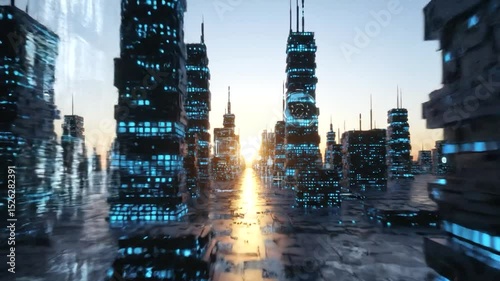 Modern city manhattan skyline, digital city with sunrise