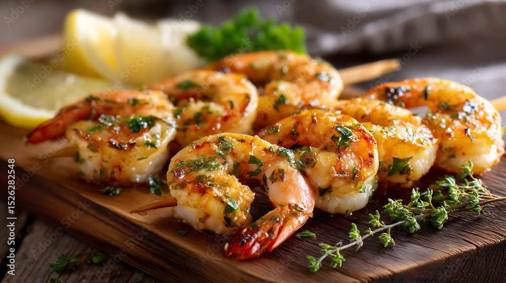 Grilled Shrimp Skewers with Lemon and Herbs on Wooden Board Grilled Shrimp Skewers with Lemon and Herbs on Wooden Board