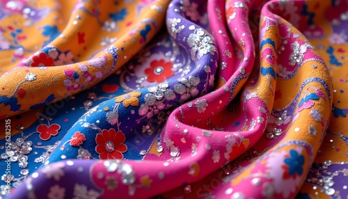 Okay, here is one detailed description of colorful silk fabric with patterns, shimmer, and sequins, suitable for generating a photo, without trademarked words, place names, personal names