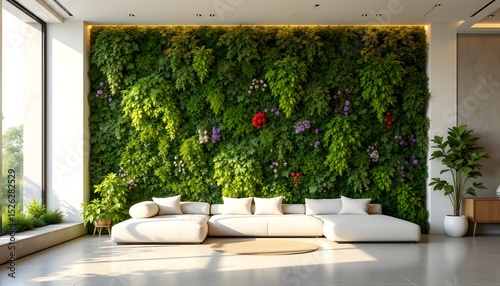 An expansive interior living space bathed in soft, diffused natural light, showcasing a vibrant vertical garden