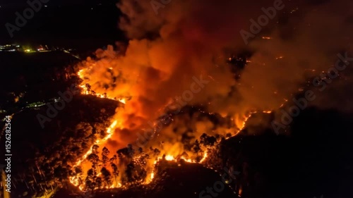 Aerial view of intense forest fire burning at night creating massive smoke plumes
