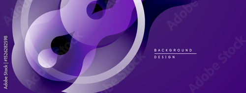 Abstract purple design features overlapping translucent shapes. Smooth gradients create dynamic visual effect. Modern background texture.