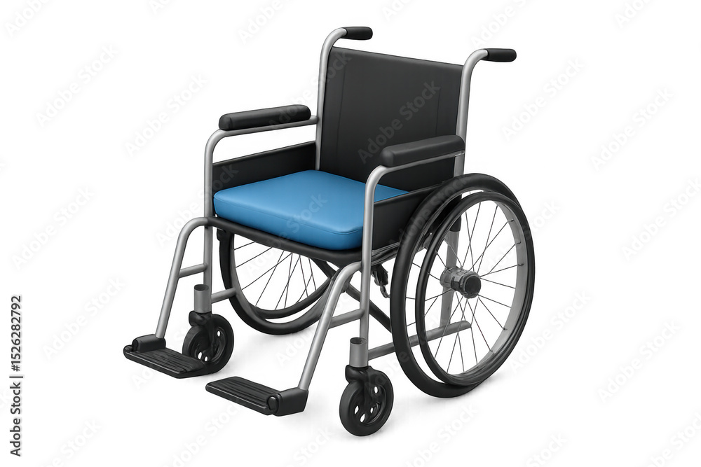 Fototapeta premium Medical wheelchair rendering, featuring sleek design with blue padded seat, supporting mobility needs on transparent background