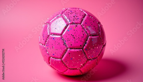 A vibrant pink soccer ball, its surface densely embedded with iridescent confetti and fine glitter particles. The confetti catches the light, producing a rainbow like shimmer across the surface