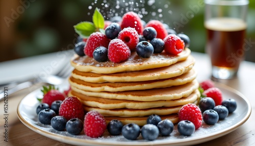 A visually appealing composition features a stack of fluffy, golden brown pancakes as the central element