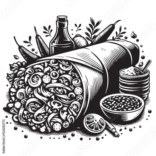 Delicious Burrito with Mexican Ingredients - Black and White Illustration
