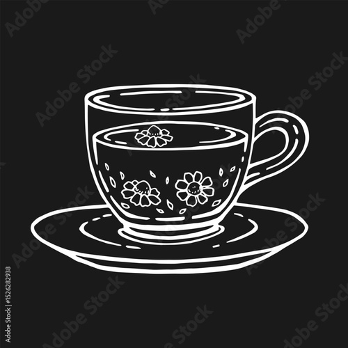 Glass cup of tea, chamomile. Hand drawn vector illustration in outline style.