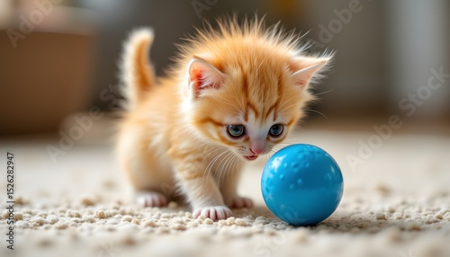 A tiny, golden furred kitten, barely bigger than a teacup, bats playfully at a vibrant blue ball. Its amber eyes are wide with innocent curiosity, fixed intently on the bouncing sphere