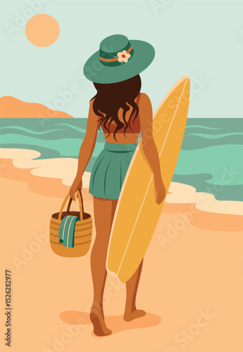 Surfing. Summer vacation. Vector illustration of tanned girl with surfboard walking on the beach at sunset. Vacation, freedom, travel. Use for tourism project and vacation
