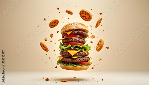 Several cooked ground meat patties, cheese slices, lettuce leaves, tomato slices, and toasted buns are suspended mid air against a softly illuminated, neutral backdrop