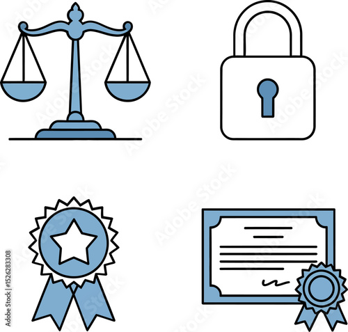 Privacy and law certified visuals featuring lock icon, justice scale, blue ribbon certificate and trust approval seal.