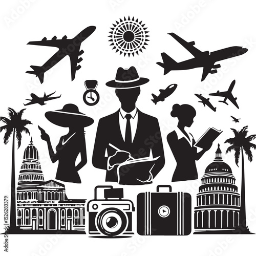 International Travel and Tourism Icons - Black and White Silhouette Set