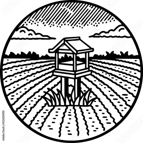 Scarecrow structure in cultivated farmland agricultural landscape with rows, rural scenery, outdoor farming view