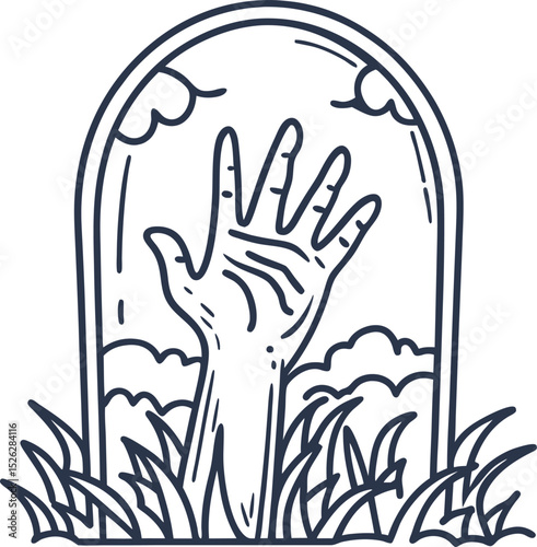 Zombie hand emerging from grave undead rising from the earth, horror concept, spooky halloween illustration