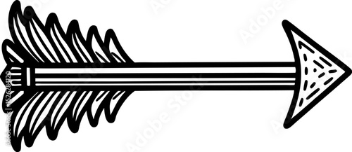 Black and white arrow illustration hand drawn style, simple arrow design with feathers and pointed tip