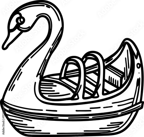 Swan shaped paddle boat illustration vintage hand drawn black and white line art of unique watercraft for leisure activity
