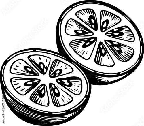 Lemon halves illustration detailed black and white citrus fruit cross section, hand drawn vintage botanical art