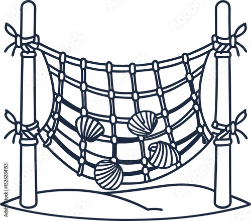 Seashells resting on a hammock net, coastal marine decor outline beach relaxation, summer vacation design