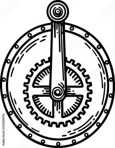 Mechanical gear mechanism with circular housing hand drawn industrial cog illustration, engineering component design
