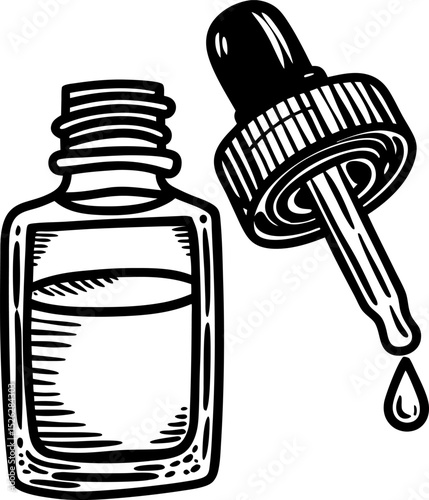 Glass dropper bottle with liquid hand drawn line art of cosmetic, serum, or essential oil packaging and pipette