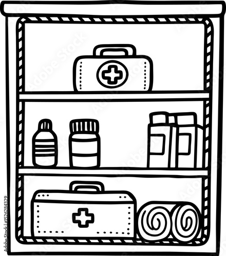 First aid kit shelf with medicines, bottles, and medical supplies emergency healthcare equipment storage, organized cabinet