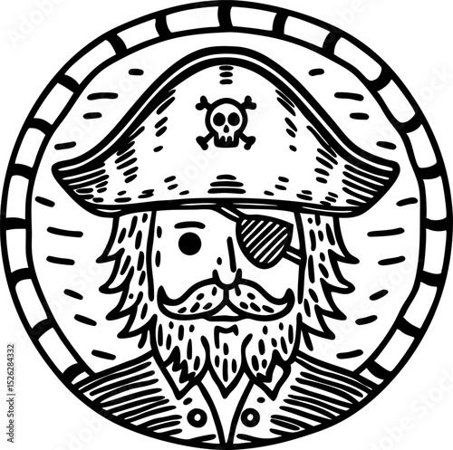 Pirate captain with eyepatch and skull hat in circular frame hand drawn vintage illustration, maritime icon