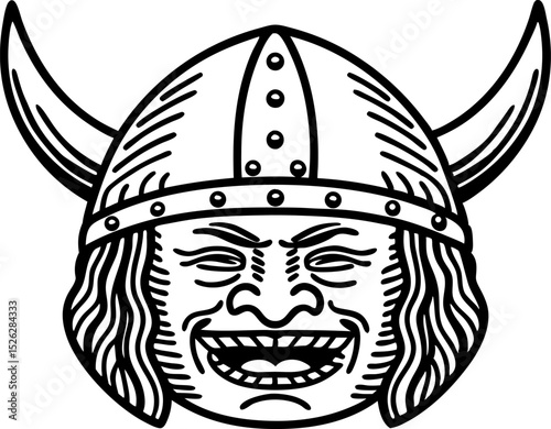 Viking warrior face illustration with horned helmet norse mythology, scandinavian fierce ancient fighter, detailed line art
