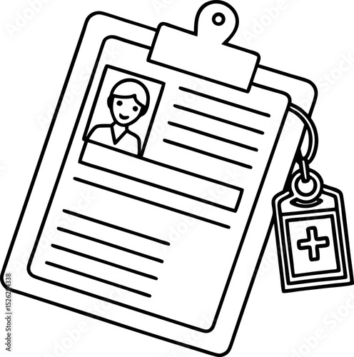 Medical clipboard with patient profile and id badge healthcare document record, hospital file illustration