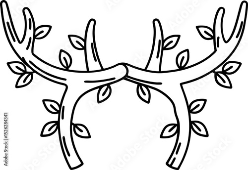 Deer antlers with leaves, nature ornamental outline rustic woodland  illustration, forest minimal decoration