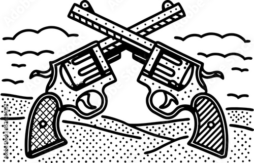 crossed revolvers illustration vintage western pistols, wild west weapon, classic cowboy duel symbol