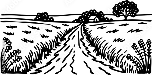 Country road leading to farmhouse rural landscape with fields, trees, and distant barn vintage line drawing art