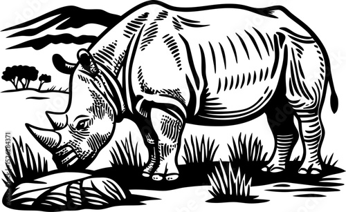 Rhino grazing in savannah landscape hand drawn black and white engraving, wild rhinoceros in african nature scene