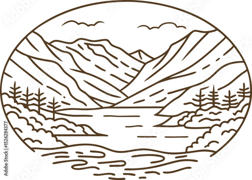 Mountain lake landscape illustration line art drawing of alpine scenery, trees and water, minimalist nature emblem