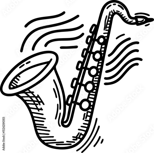 Hand drawn jazz saxophone illustration with musical lines artistic sketch, musical instrument, black and white design