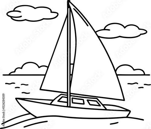 Sailboat illustration on calm sea with clouds, simple outline art for nautical and travel themes