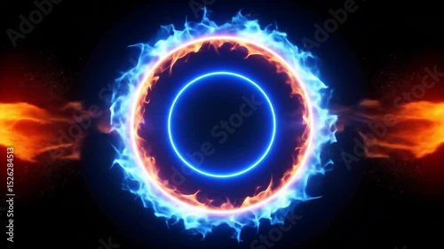 Dynamic Animation of Fiery and Icy Energy Rings on a Black Background