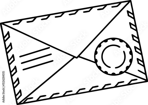 Hand drawn vintage envelope with postmark and decorative border, retro mail correspondence illustration