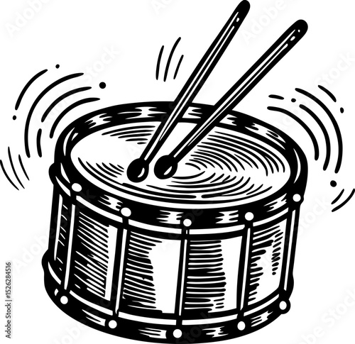 Marching drum and drumsticks illustration percussion instrument in sketch style, musical rhythm concept