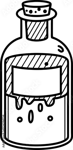 Glass potion bottle with cork stopper and blank label magic elixir container, hand drawn black and white outline