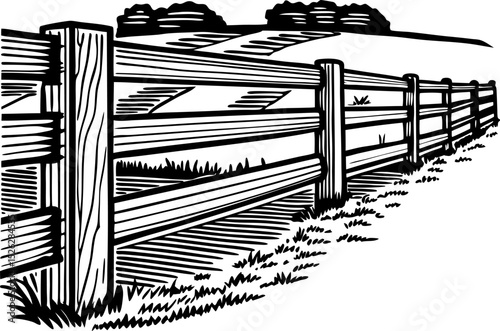 Wooden fence in rural landscape countryside boundary with grass, fields and distant trees, black and white illustration