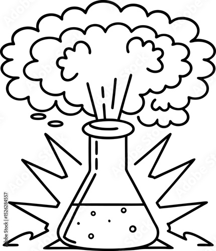 Chemistry experiment flask with bubbling liquid and explosive reaction, cloud of gas erupting above beaker
