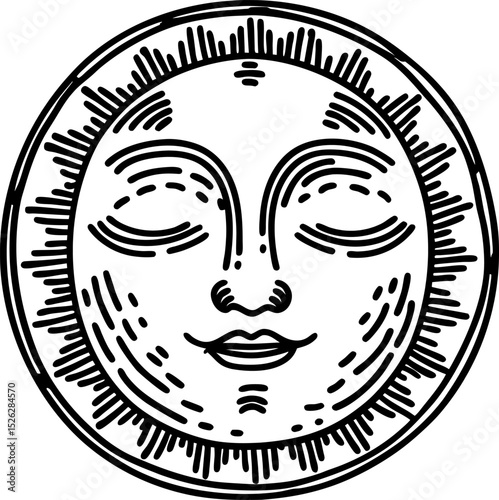 Peaceful sun face illustration with closed eyes vintage celestial symbol, hand drawn line art, mystical astronomy motif