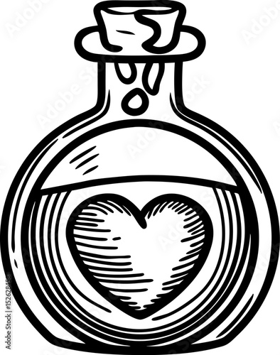 Potion bottle with heart symbol romantic magic elixir container, love charm concept, fantasy doodle design