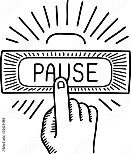 Hand pressing pause button simple black and white line art, finger pushing symbol for stop or break concept