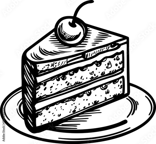 Slice of layered cake with cherry on top, resting on plate hand drawn dessert illustration, sweet treat concept