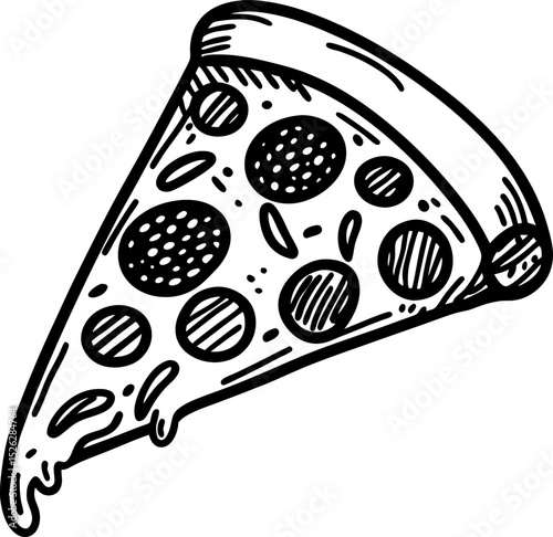 delicious pizza slice illustration with cheese and pepperoni, hand drawn sketch, fast food snack icon